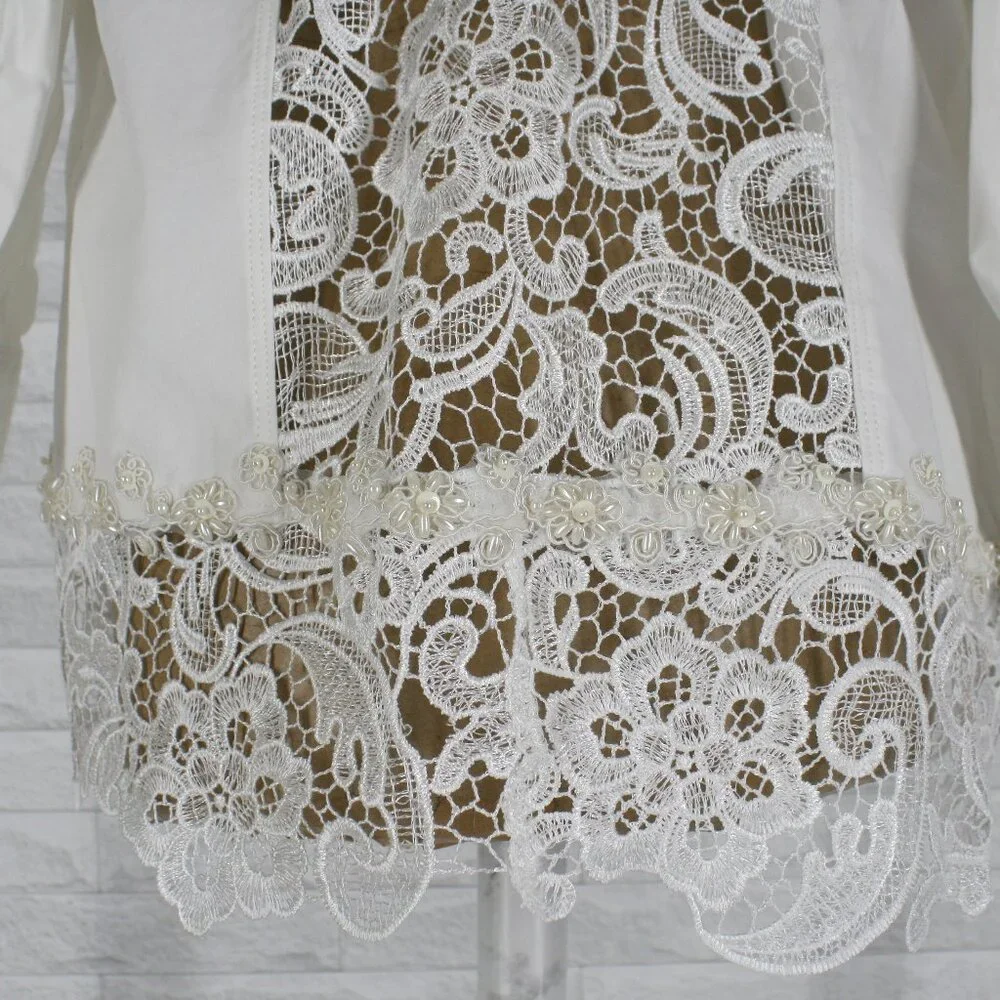 HAND CRAFTED Jacket Denim Upcycled Lace Pearl Floral White Plus Size 16 - Picture 7 of 16